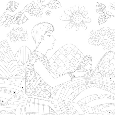 profile of young man standing outdoors in summer and holding a bird against sunny mountain landscape for your coloring pageのイラスト素材