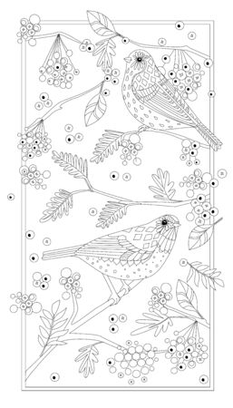 vertical abstract frame with couple of curious birds on branches of rowan, flying leaves, berries. funny outline drawing of autumn nature for your coloring bookのイラスト素材