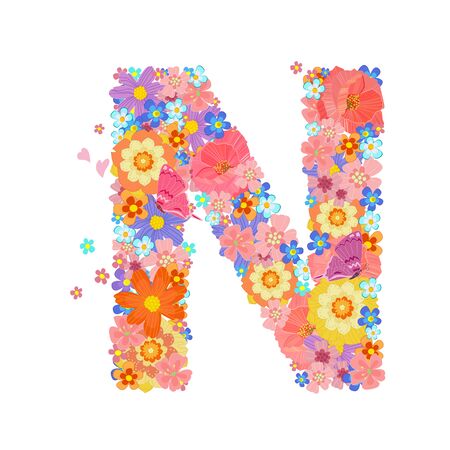 colorful blossom of meadow flowers with butterflies and flying little floral. capital letter Nのイラスト素材