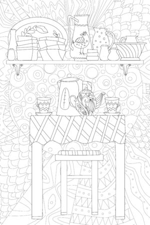modern homey kitchen with teapot, cups on table and wall shelf of tableware on geometric abstract pattern background for your coloring pageのイラスト素材
