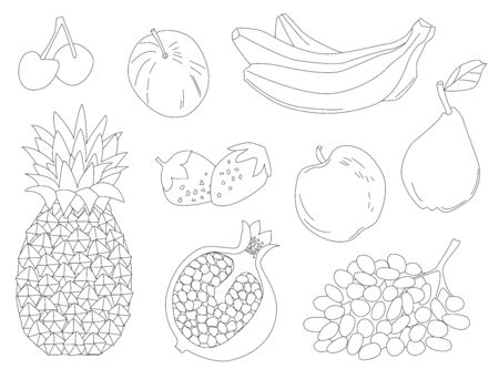 healthy collection of hand drawn outlined fruits. pear, apple, cherry, slice of pomegranate, strawberry, grape, banana and pineapple for your coloring pageのイラスト素材
