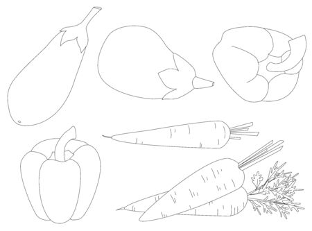 collection of fresh vegetables. eggplant, peppers and carrot for your coloring bookのイラスト素材