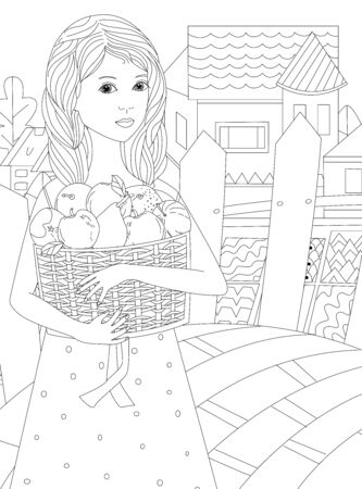 pretty little girl with wavy hair in polka dot dress holding basket with fruits against rural landscape with fence. female portrait for your coloring bookのイラスト素材