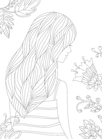 back view of a cute girl with wavy hair in stripe dress looking at fancy flowers for your coloring bookのイラスト素材