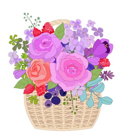 the wicker basket with lilac roses, summer forest berries and cute floral twigs. lovely invitation card for your designのイラスト素材