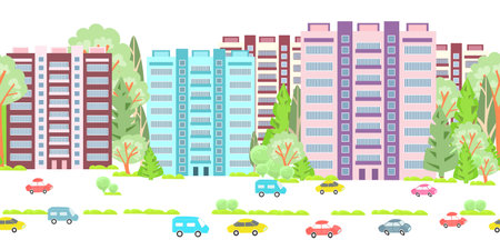 seamless border with cute high rise buildings surrounded by trees. cityscape with road and colorful cars on white backgroundのイラスト素材