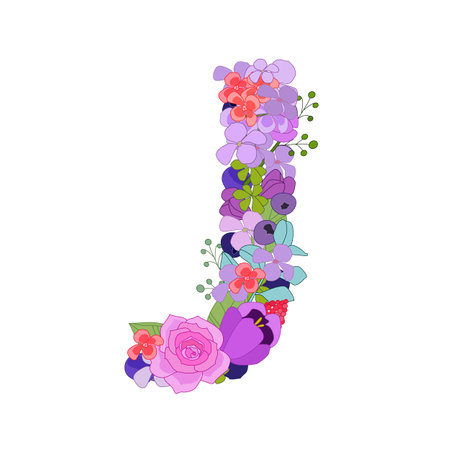 Colorful floral font alphabet with roses. Beautiful capital letter Jのイラスト素材