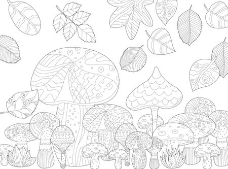 autumn collection of funny mushrooms and falling leaves for your coloring bookのイラスト素材