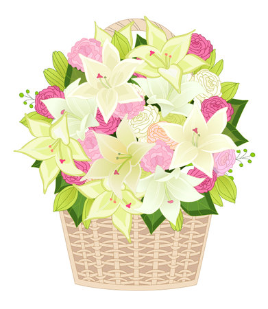 wicker basket with white lilies and pink roses for your designのイラスト素材