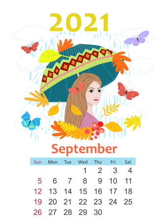 Calendar for 2021 September. beautiful girl holding umbrella looking over her shoulder surrounded by falling colorful leaves against clouds and rainのイラスト素材