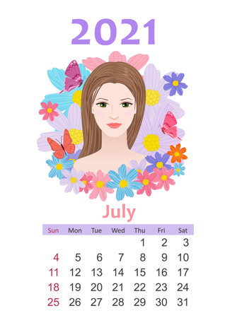 Calendar for 2021 June. portrait of beautiful girl surrounded by flowers and butterfliesのイラスト素材