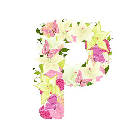 Graceful floral abc with white lilies, pink roses and butterflies. blossom letter Pのイラスト素材