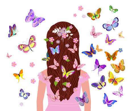 rear view of girl with long hair in pink dress standing surrounded flying butterflies and tiny flowersのイラスト素材