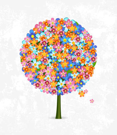 Decorative colorful blossom tree round shape with tiny flowers against white grunge paper background for your designのイラスト素材