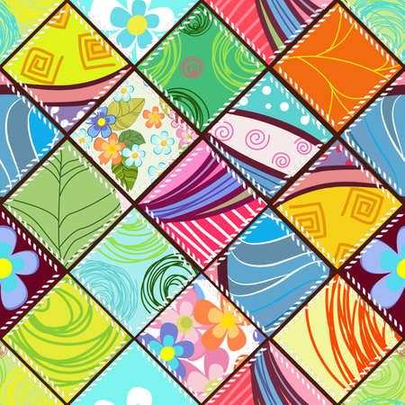 Colorful patchwork pattern from rhomb pieces with flowers and doodle. seamless texture abstract ornament for your designのイラスト素材