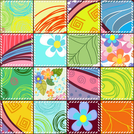 Colorful patchwork pattern from square pieces with flowers and doodle. seamless texture with floral ornament for your designのイラスト素材