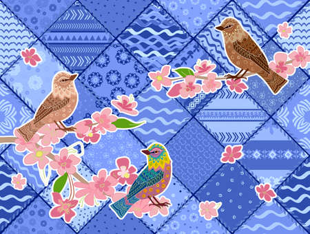 Monochrome blue patchwork pattern from square pieces with blooming cherry branches and sitting birds.のイラスト素材