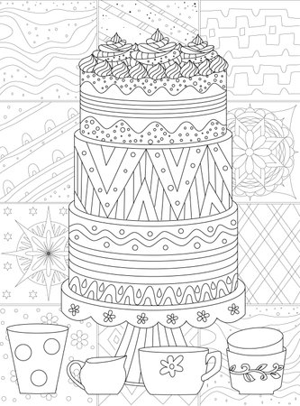 decorated delicious cake with cups against mosaic pattern with ethnic ornaments for your coloring bookのイラスト素材