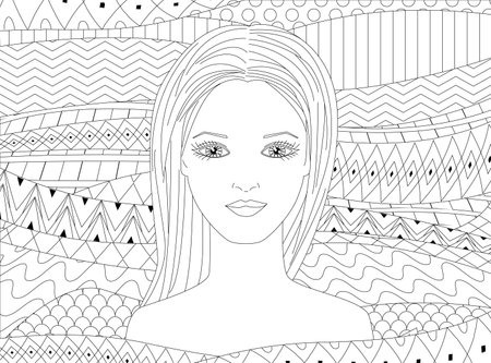 beauty girl with long hair is standing in the sea. abstract waves for your coloring bookのイラスト素材