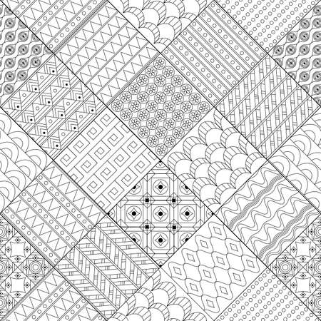 seamless patchwork with rhombus of geometric patterns for your coloring bookのイラスト素材