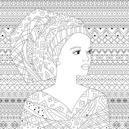 Beautiful african woman looking away against geometric background. fashion lady for your coloring bookのイラスト素材