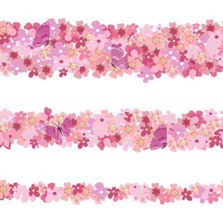 romantic collection of seamless borders with cherry flowers for your designのイラスト素材