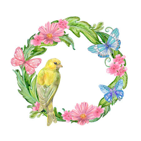 floral wreath with butterflies and yellow bird. watercolor paintingの写真素材