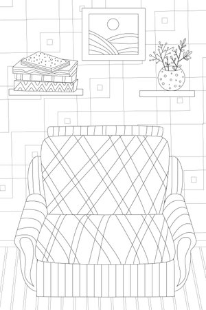 room with flowerpots and a stack of books on shelves, a picture in a frame on wall and a armchair against wallpaper for your coloring bookのイラスト素材