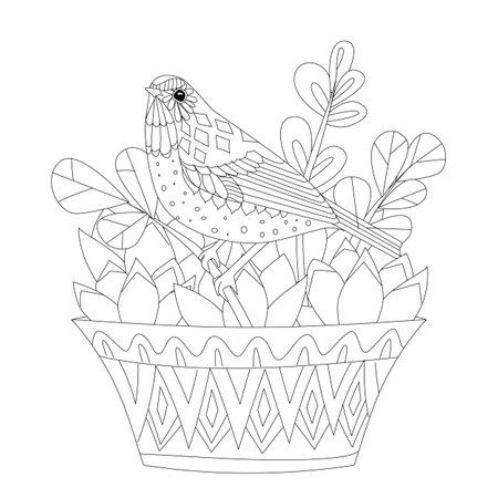 succulents houseplant in decorative flowerpot with geometric ornament. cute bird on twig for your coloring bookのイラスト素材