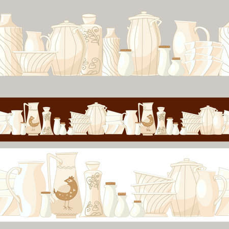 collection of seamless borders with white ceramic crockery for your designのイラスト素材