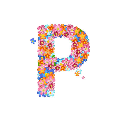 floral alphabet with colorful tiny flowers. joyful capital letter pのイラスト素材