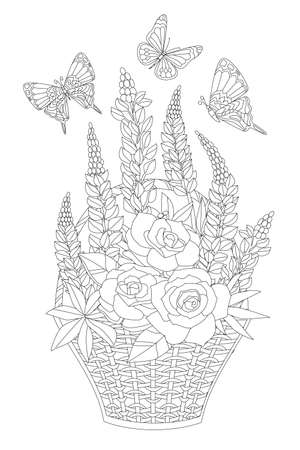 bouquet of fancy flowers in the basket surrounded flying butterflies  for your coloring bookのイラスト素材