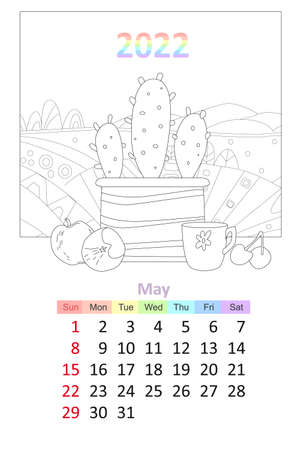 coloring book calendar 2022. cactus houseplants, cup of tea and fruits on window against rural landscape. mayのイラスト素材