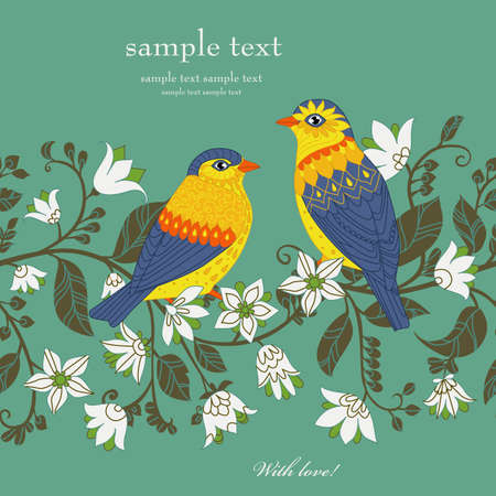 vintage card with couple of yellow lovely birds with blue wings sitting on floral flowering twig. seamless border with beutiful white flowers for your designのイラスト素材