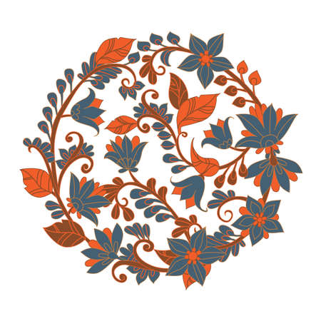 template card with circle arrangement made from blue flowers and brown twigs, orange leaves for your designのイラスト素材