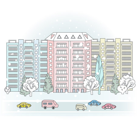 snow town and road with cars. winter cityscape with trees for your designのイラスト素材