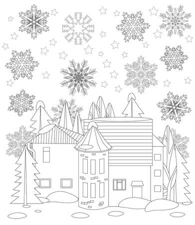 winter cityscape with trees and snowflakes for your coloring bookのイラスト素材