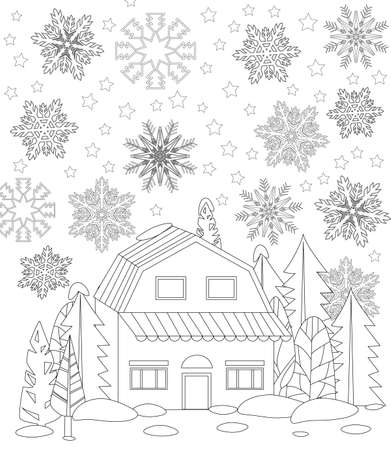 little cute house with trees. sky with stars and snowflakes for your coloring bookのイラスト素材