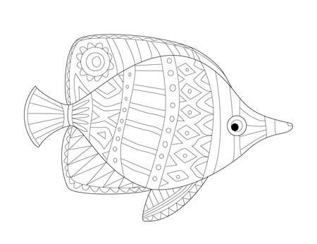cute exotic fish with ethnic ornament for your coloring bookのイラスト素材