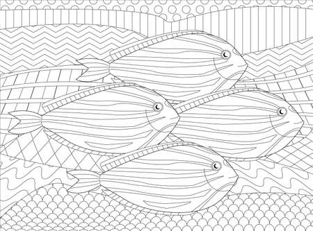 geometric ornament background and group of strip fish for your coloring bookのイラスト素材