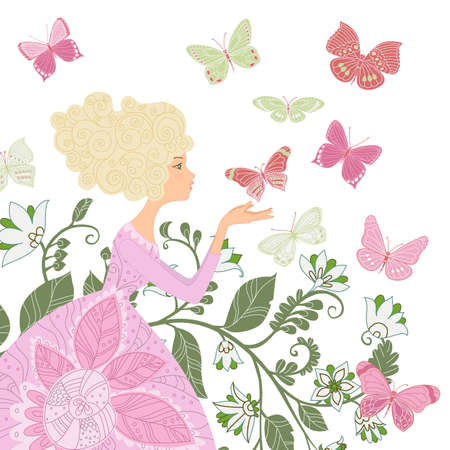 lovely young blonde woman in vintage pink dress surrounded by butterflies against floral background.のイラスト素材