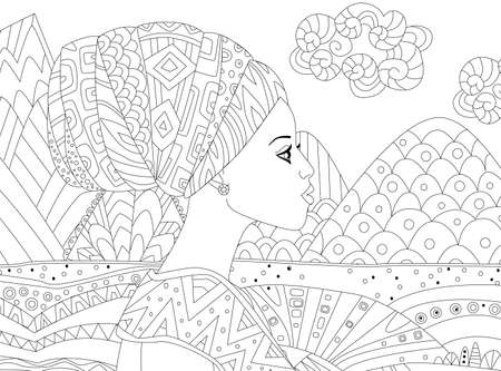 portrait in profile of pretty african girl in ethnic dress standing against abstract mountain landscape for your coloring bookのイラスト素材