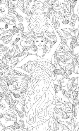pretty african girl in ethnic dress holding vase on her head standing in fancy garden for your coloring bookのイラスト素材