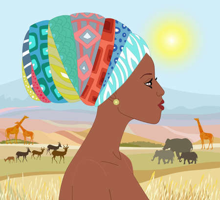 beautiful african woman with scarf on her head in African Savannah for your designのイラスト素材
