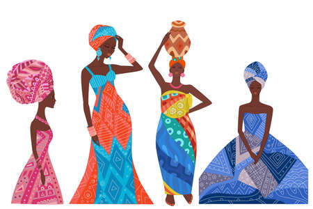 collection of graceful young african women in traditional ethnic dressのイラスト素材