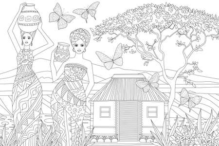 graceful african women holding jugs against traditional hut with acacia tree surrounded by flying butterflies for your coloring bookのイラスト素材