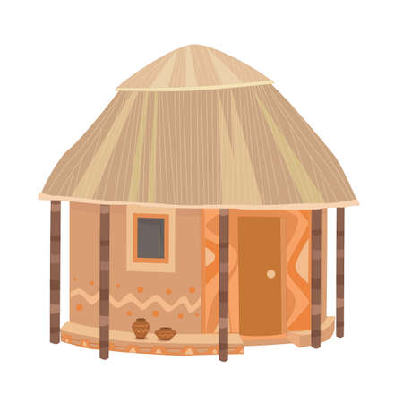 round hut with thatched roof, clay walls, wooden door and cute decorのイラスト素材