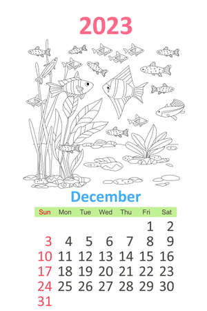 Coloring page with underwater landscape and school of cute fish. calendar for 2023, Decemberのイラスト素材