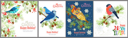 collection of christmas card with cute birds on branches of pine tree with falling snowflakes. bullfinch sitting, avian couple in winter seasonのイラスト素材