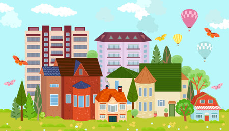 cityscape with towers, skyscrapers, brick cottages and lawn with flowers. hot air balloons and butterflies over town. summer scenery with group of colorful cute houses surrounded trees and blue skyのイラスト素材